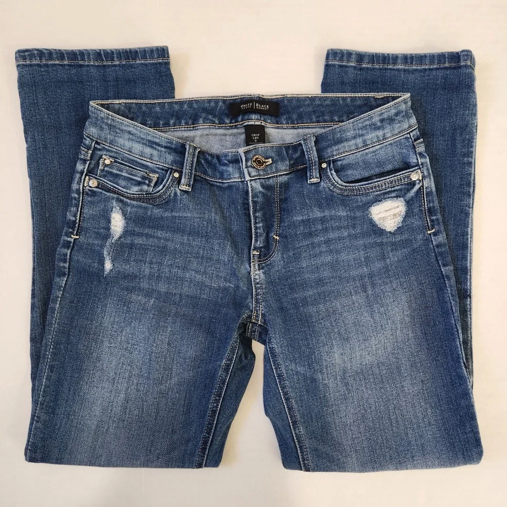 White House Black Market Straight Leg Crop Distressed Denim Jeans 0 Blue Sequins